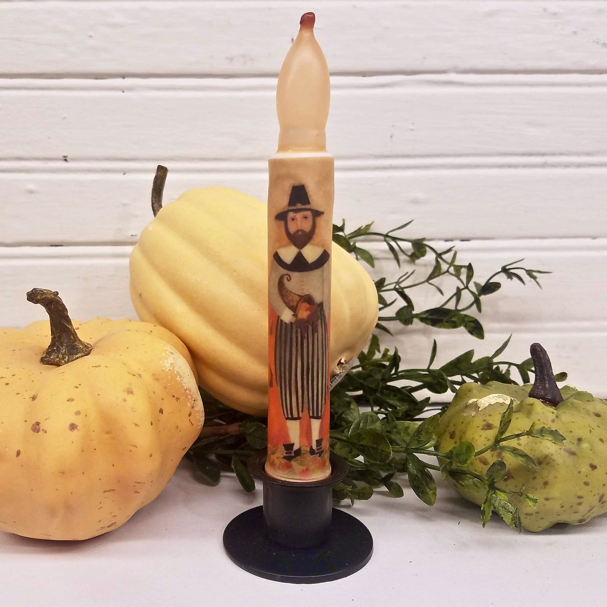 Pilgrim Man Standing in a Pumpkin Patch LED Battery Operated Candle