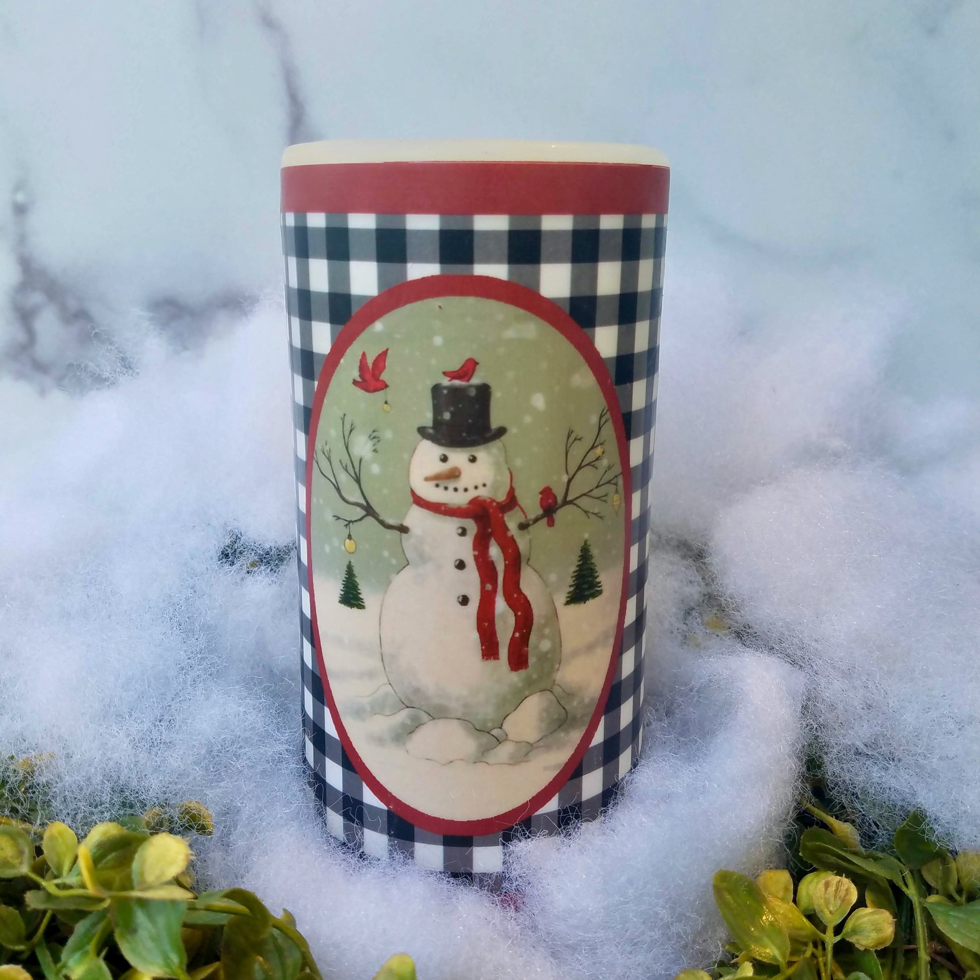 Farmhouse Christmas 6" Battery Pillar Candle with Snowman & Winter Cardinals - C