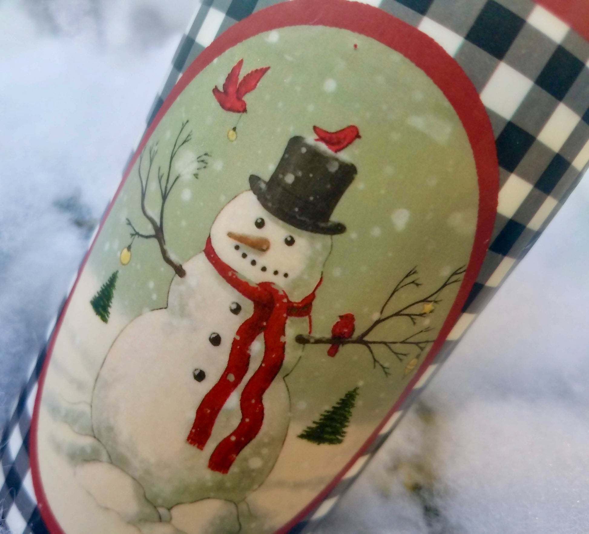 Farmhouse Christmas 6" Battery Pillar Candle with Snowman & Winter Birds - B