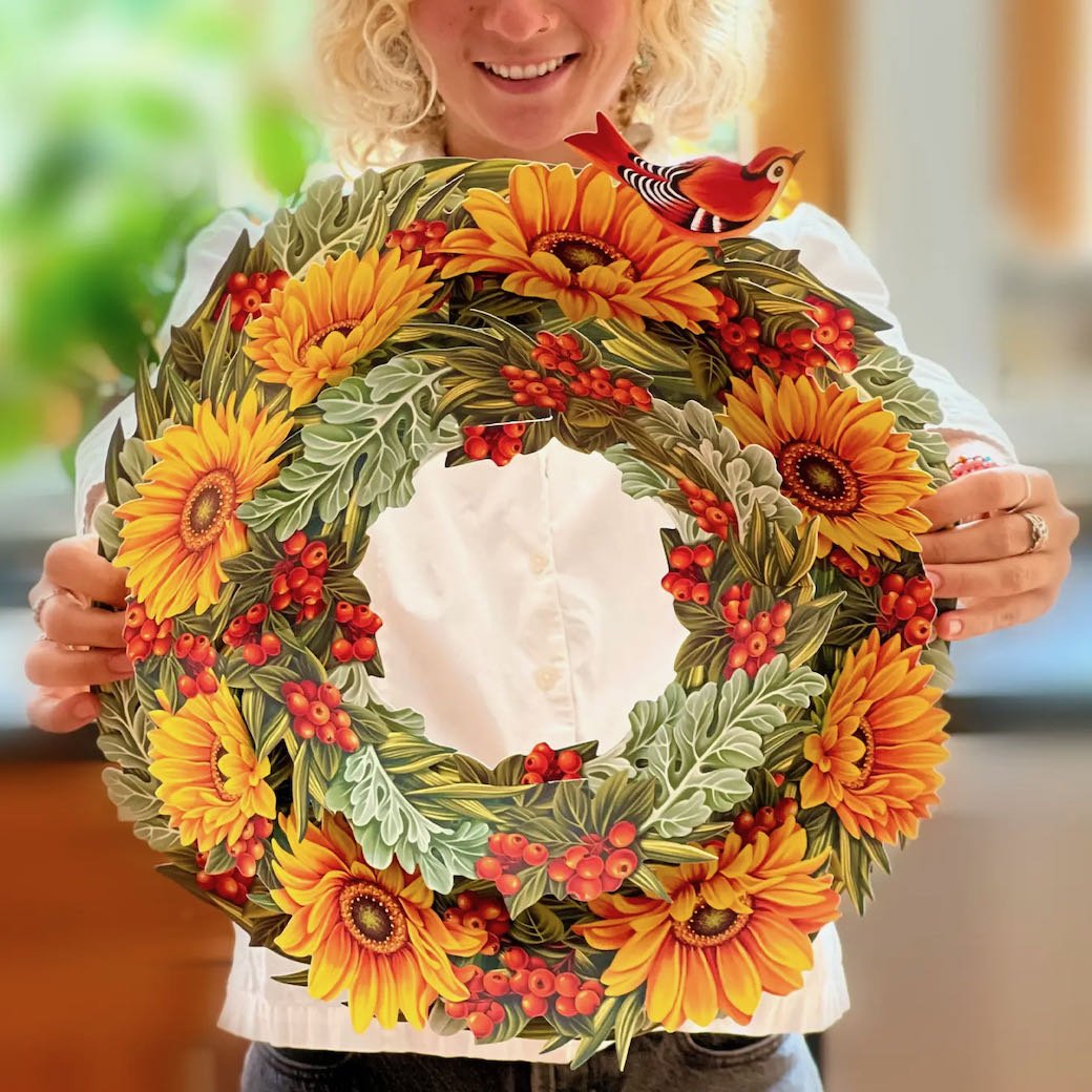 3D Life-sized Paper Sunflower Wreath with Bird Pop Up Greeting Card - Marmalade Mercantile
