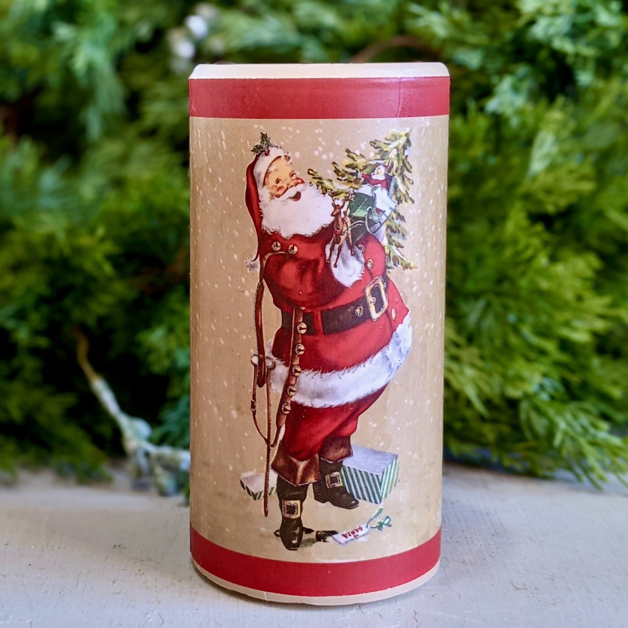 6” Battery Operated Pillar Candle Vintage-style Santa with Christmas Tree & Toys - Marmalade Mercantile