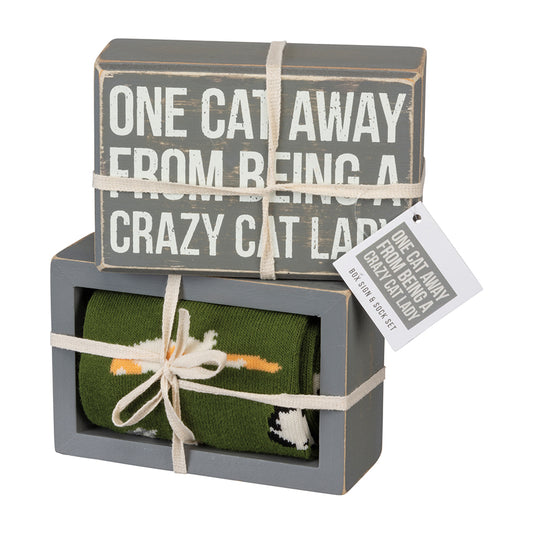 One Cat Away from Being a Crazy Cat Lady - Box Sign & Socks Gift Set