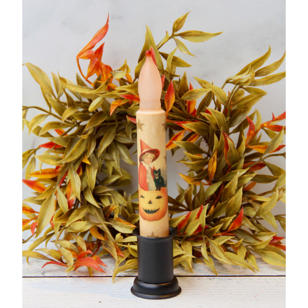 LED Taper Candle Halloween Little Witch with Jack O Lantern