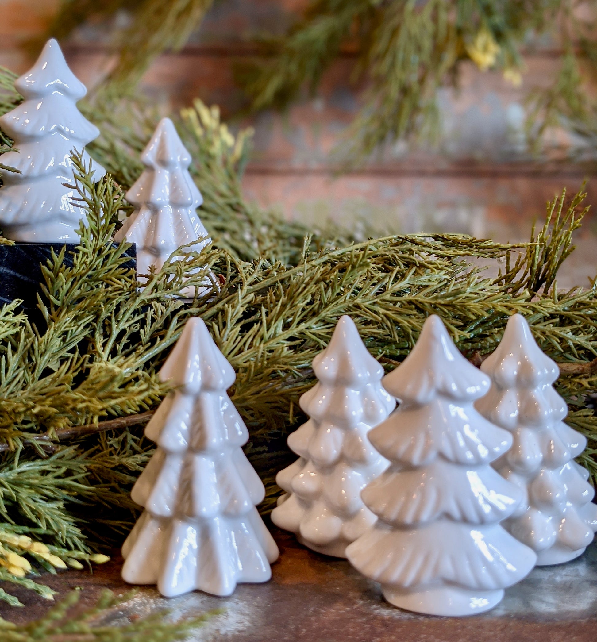 Set of Six Tiny White Ceramic Christmas Trees - D