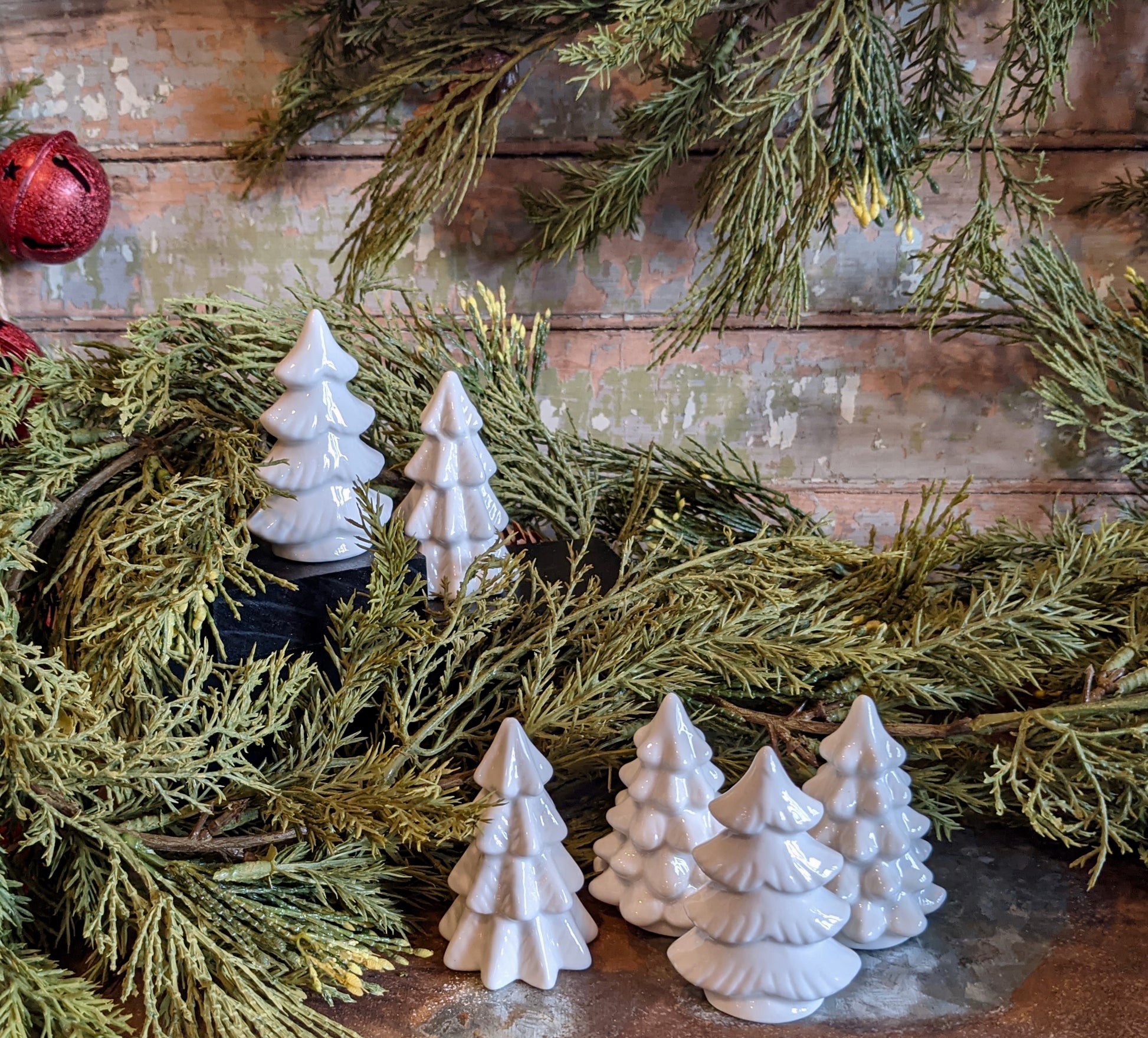 Set of Six Tiny White Ceramic Christmas Trees - E