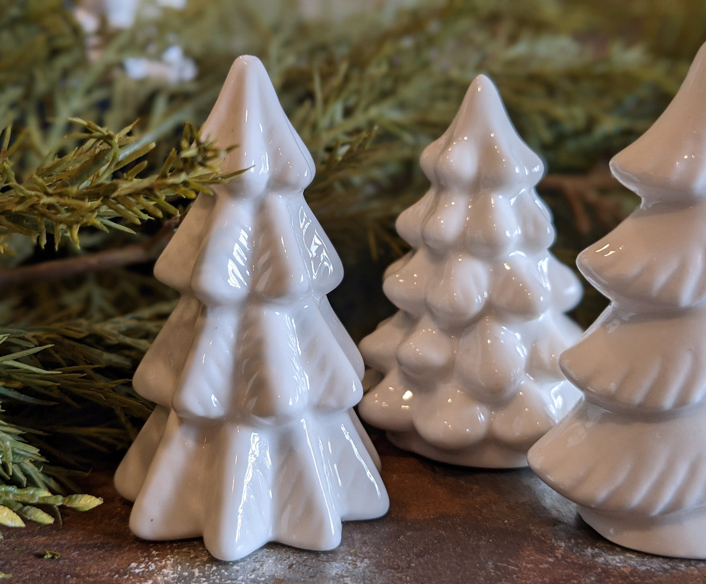 Set of Six Tiny White Ceramic Christmas Trees - C