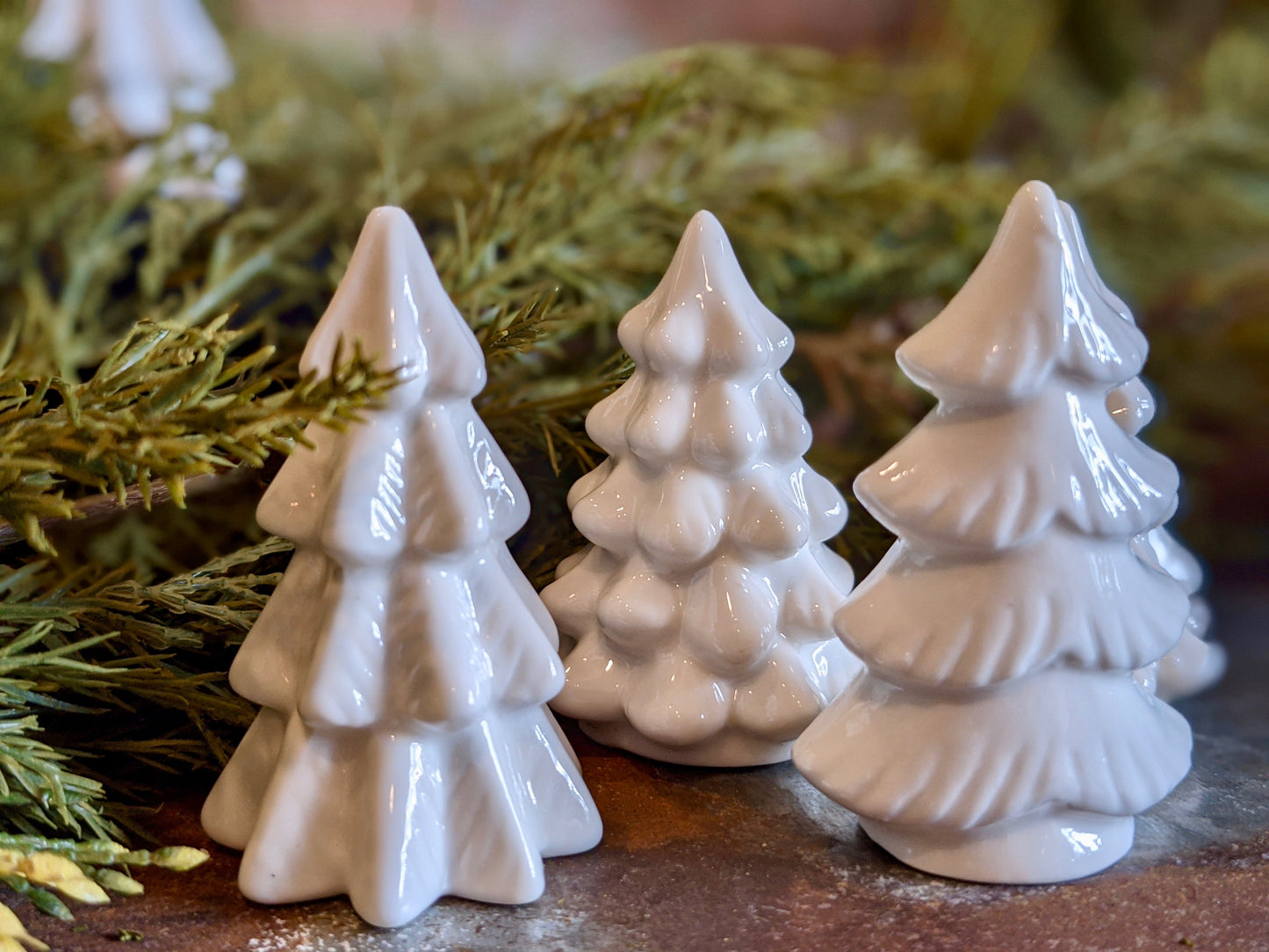 Set of Six Tiny White Ceramic Christmas Trees - D
