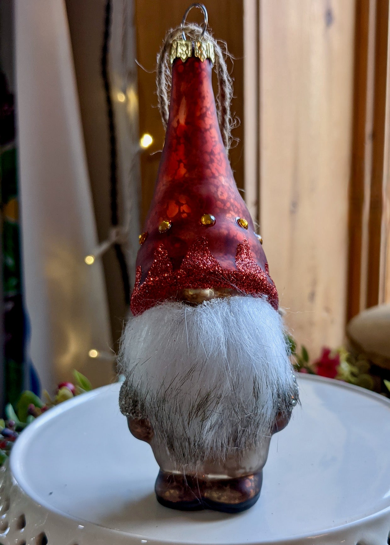 5.5” Glass Gnome Christmas Ornament Faux Fur Beard Farmhouse Christmas Tree