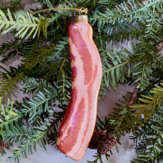 Glittered Glass Bacon Christmas Ornament - A