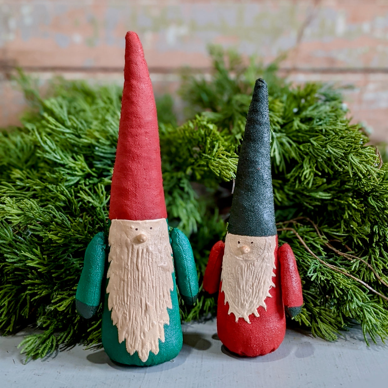 Set of Two Folky Hand-Painted Canvas Santa with Cone Hats - C