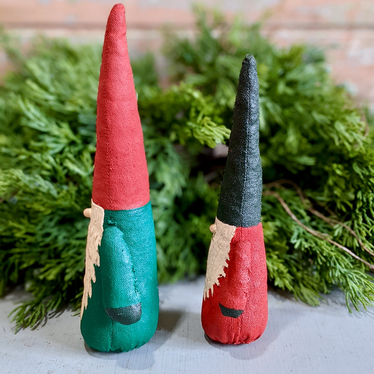 Set of Two Folky Hand-Painted Canvas Santa with Cone Hats - E
