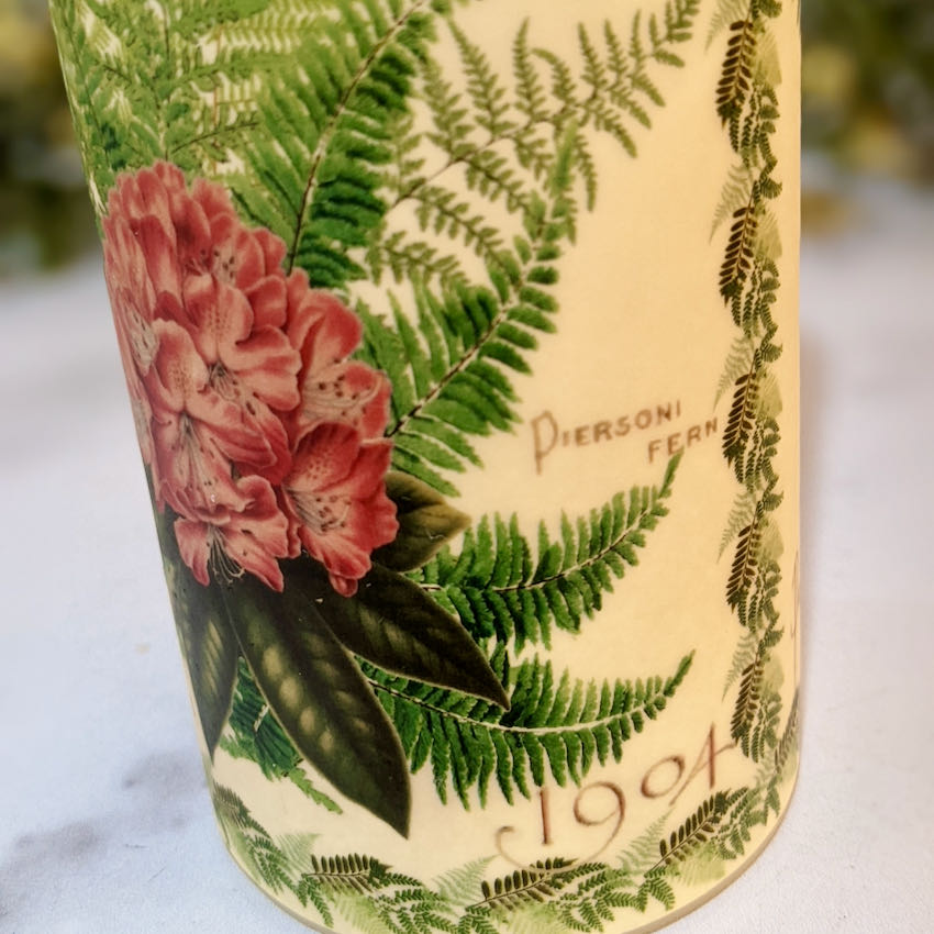 LED Battery Operated Pillar Candle w Red Rhododendron & Ferns Antique Seed Catalog - C