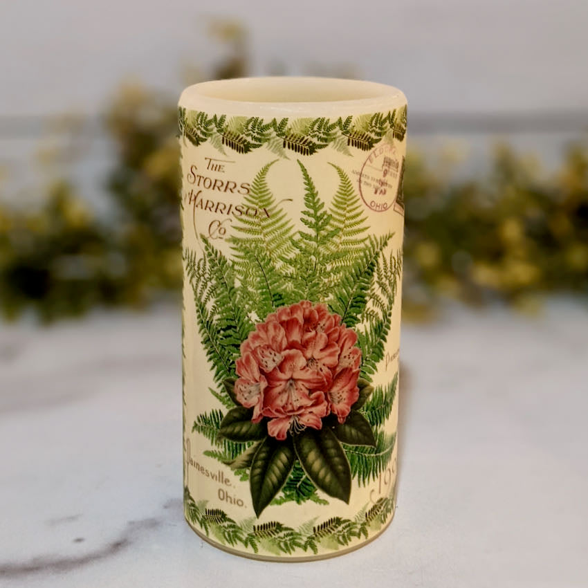 LED Battery Operated Pillar Candle w Red Rhododendron & Ferns Antique Seed Catalog - E