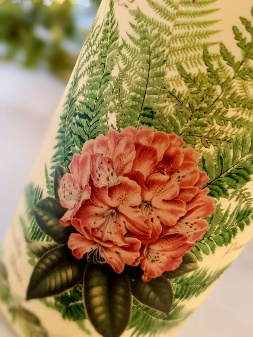 LED Battery Operated Pillar Candle w Red Rhododendron & Ferns Antique Seed Catalog - B