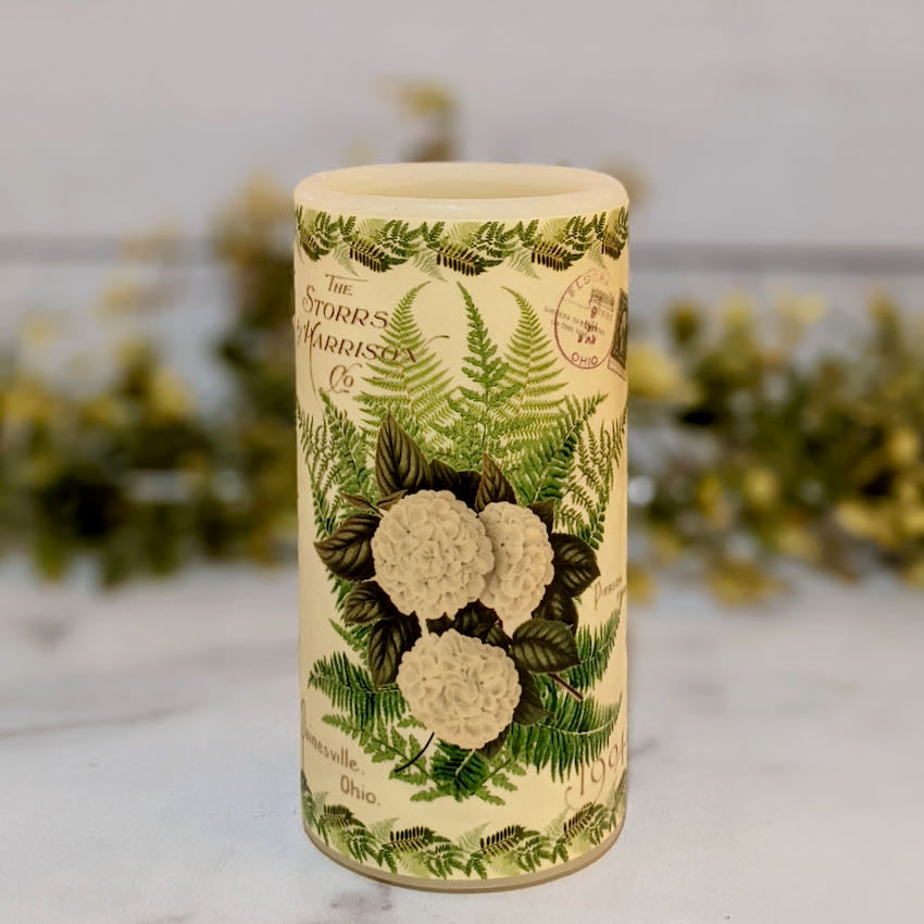 LED Battery Operated Pillar Candle w White Mountain Laurel Flowers & Ferns Antique Garden Catalogue - B