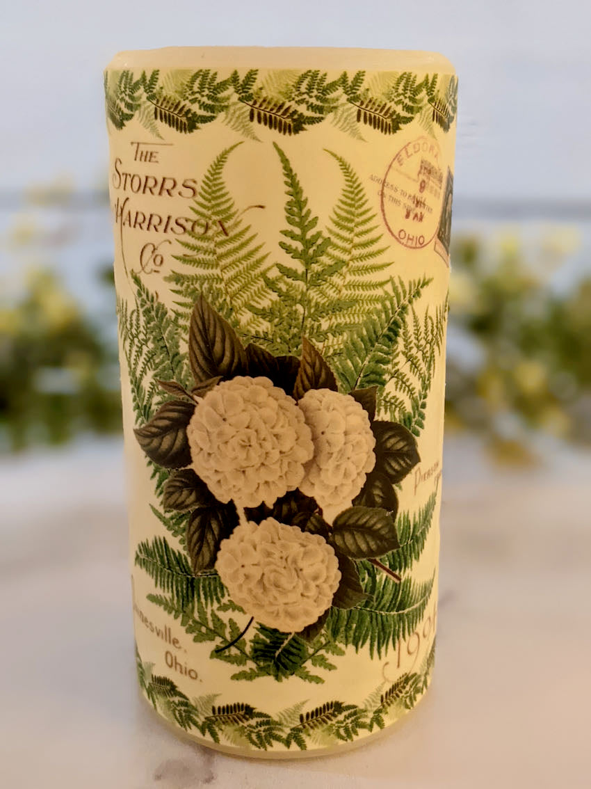 LED Battery Operated Pillar Candle w White Mountain Laurel Flowers & Ferns Antique Garden Catalogue - C