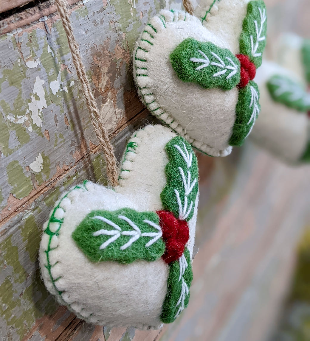 Set of Three Wool Felt Heart Ornaments w Holly Sprig - B