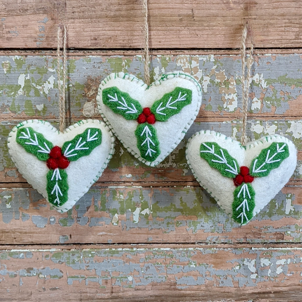 Set of Three Wool Felt Heart Ornaments w Holly Sprig - C