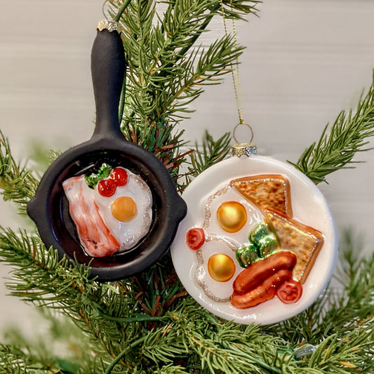 Set of Two Glass Christmas Ornaments - Breakfast Skillet & Breakfast Plate - F