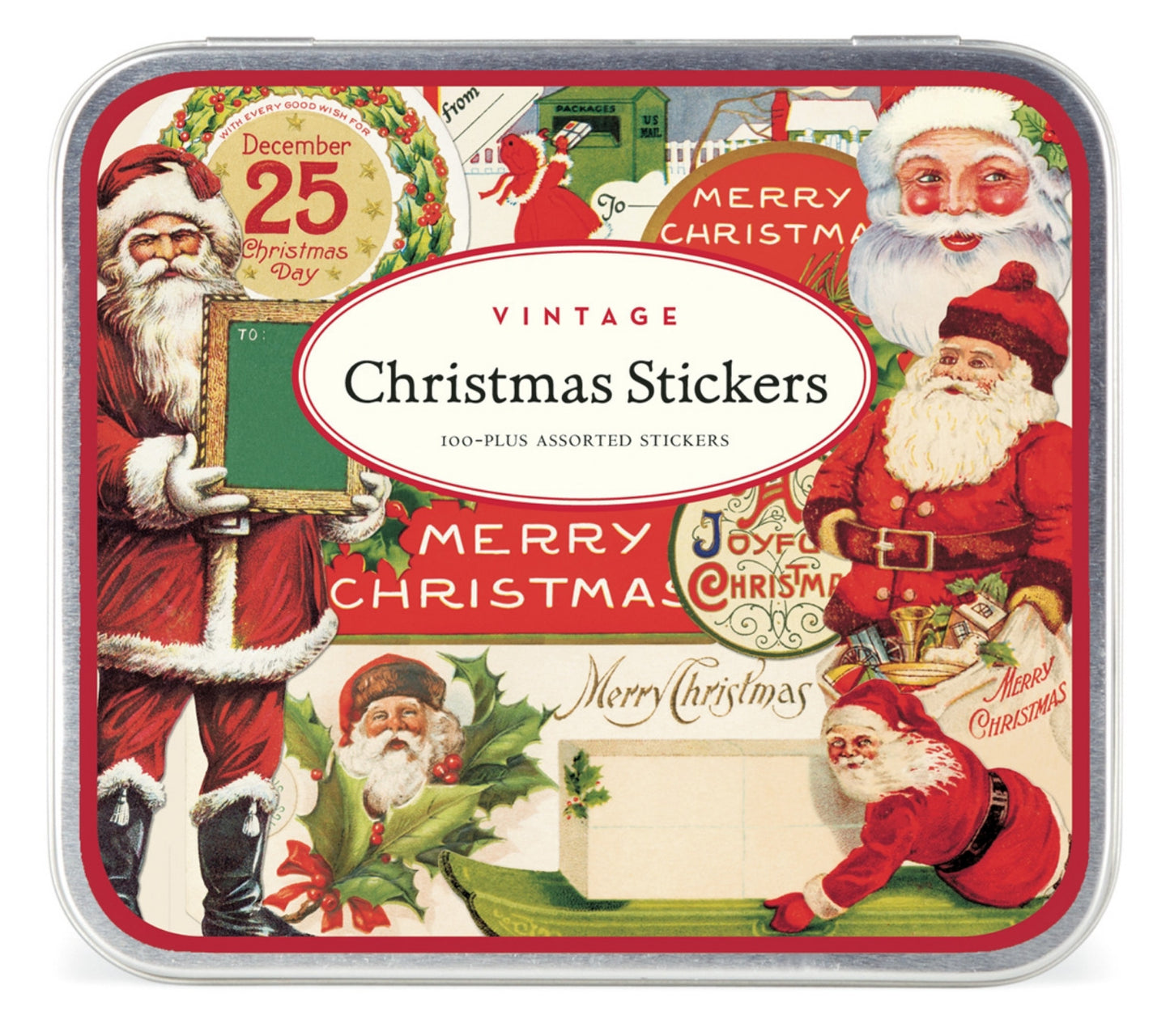 100+ Vintage-Style Christmas Stickers in Metal Tin - A