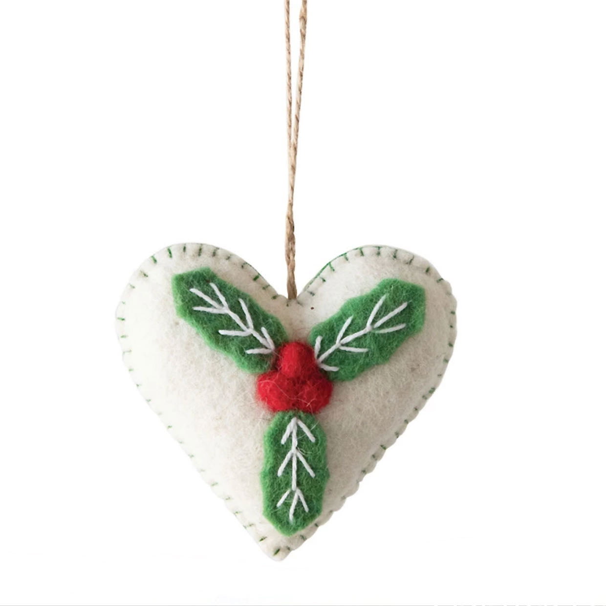 Set of Three Wool Felt Heart Ornaments w Holly Sprig - C
