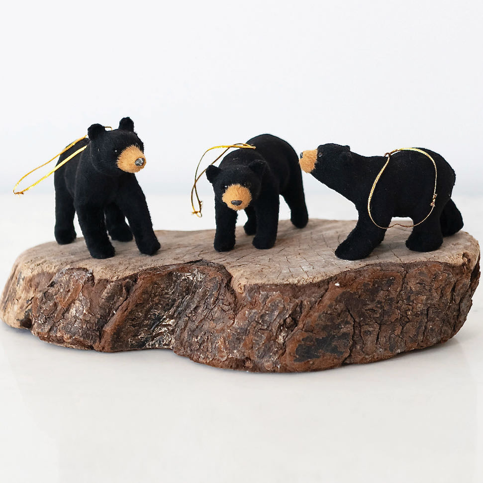Set of Three Faux Fur Black Bear Christmas Ornaments - B