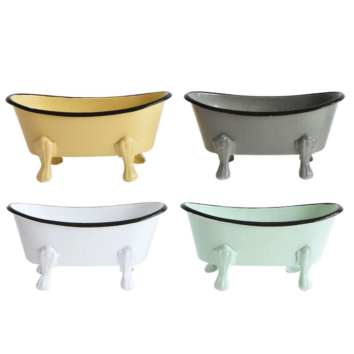 Clawfoot enamel soap dishes shown in all four colors - yellow, gray, white, and pale green. 
