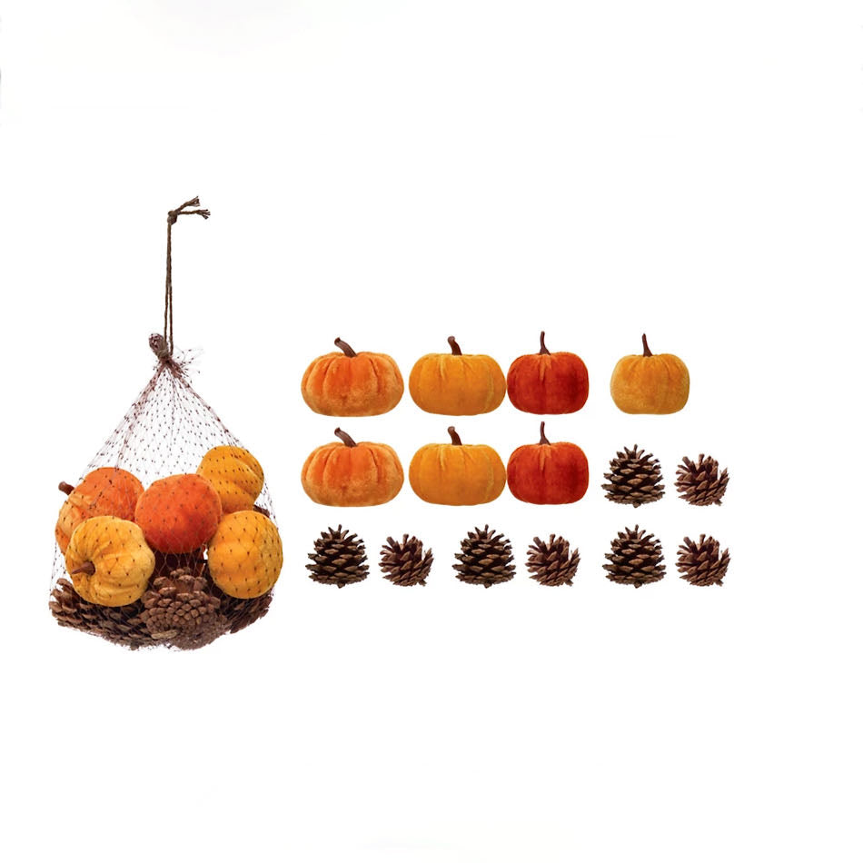 Bagged Set of Mini Velvet Pumpkins & Natural Pine Cones - B