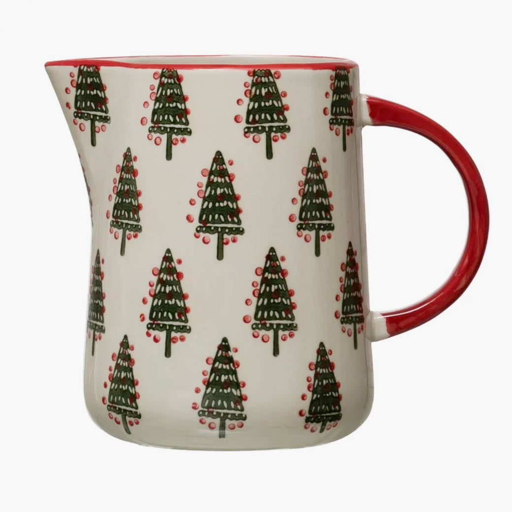 32 oz Stoneware Pitcher with Hand-Stamped Christmas Tree Pattern