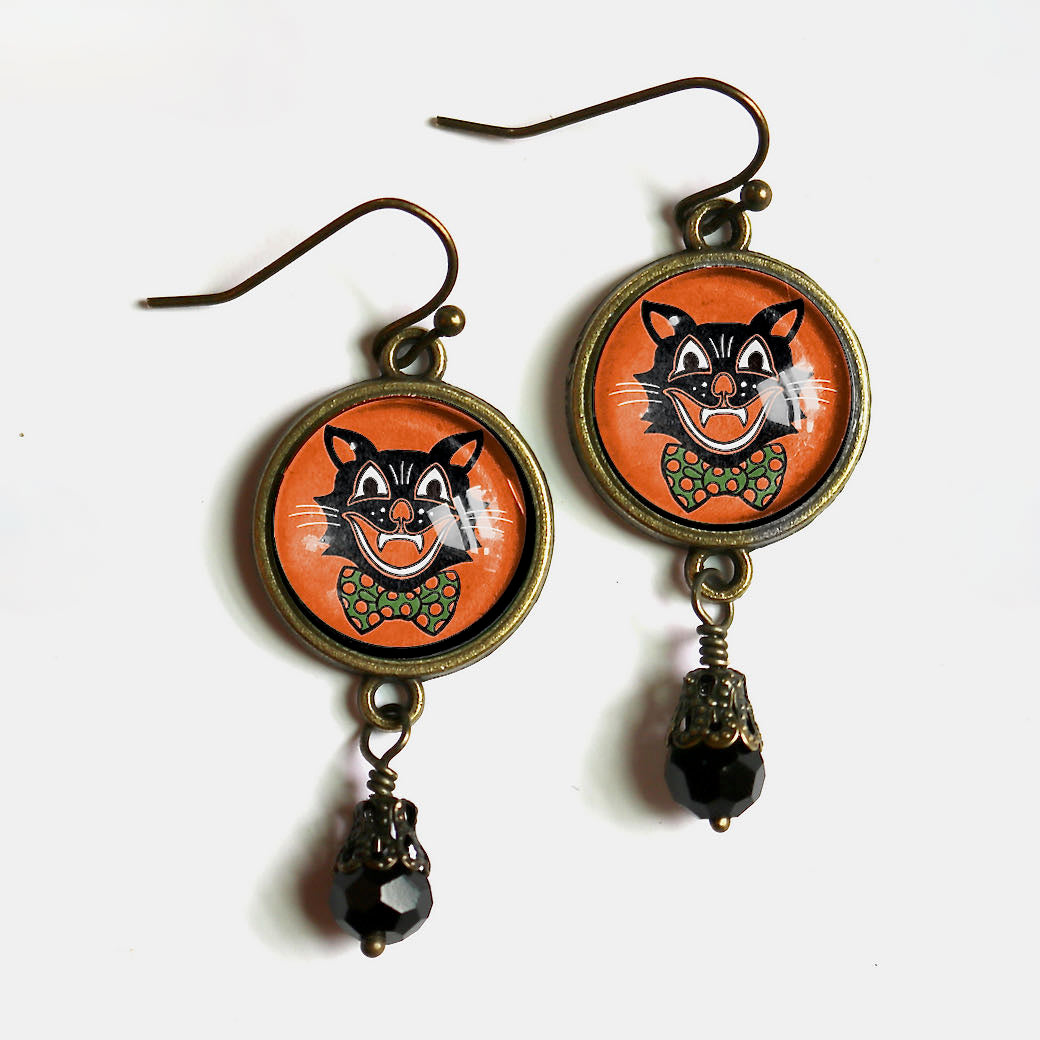Vintage-Style Hand-made Halloween Retro Black Cat Pierced Earrings