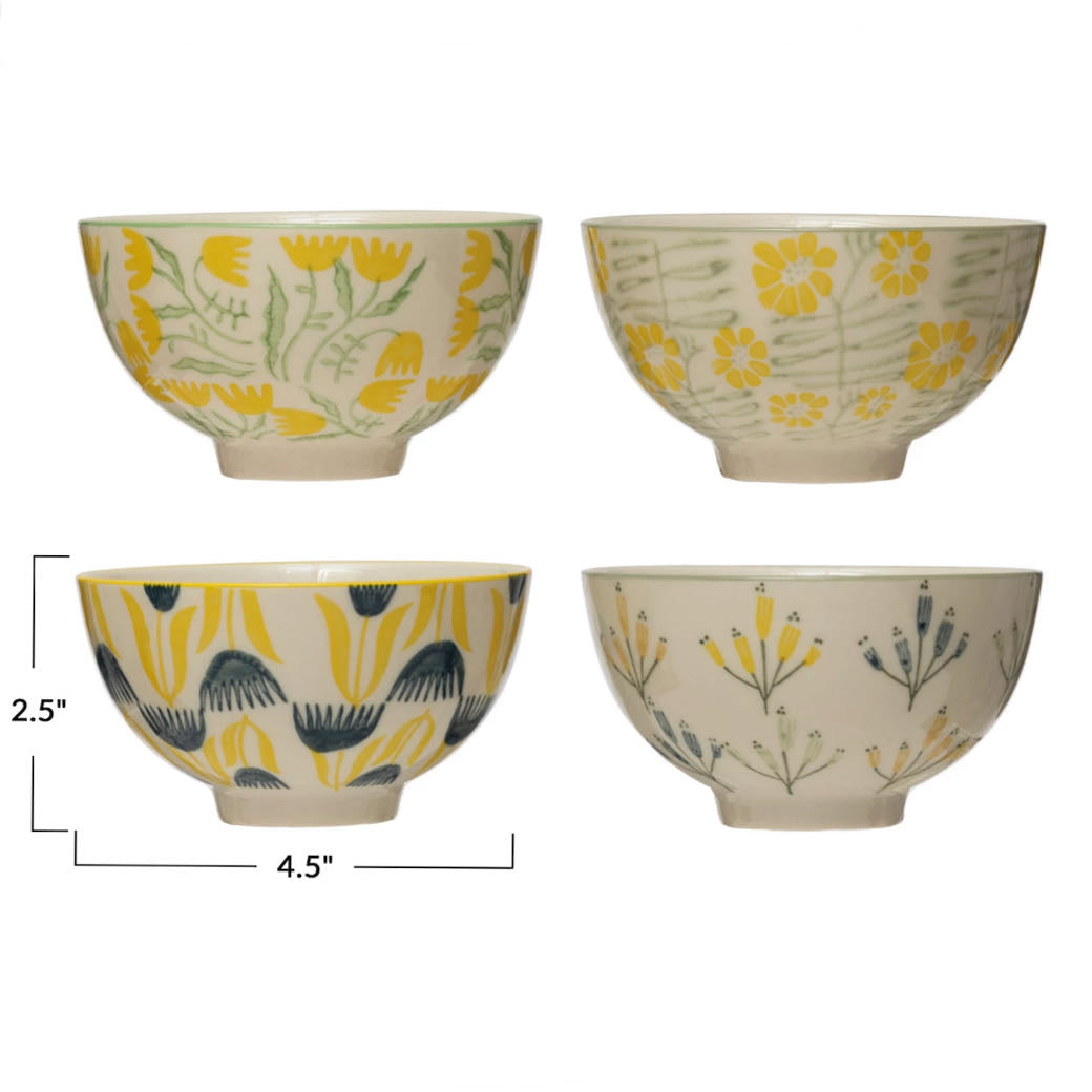 Set of Four Small Hand-Stamped Floral Bowls - C