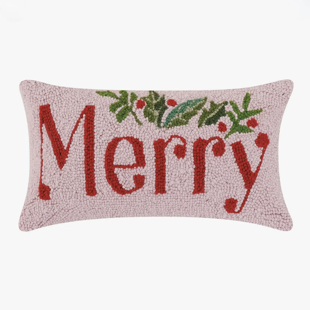 Hooked Rug Christmas Pillow “Merry” w Holiday Greenery