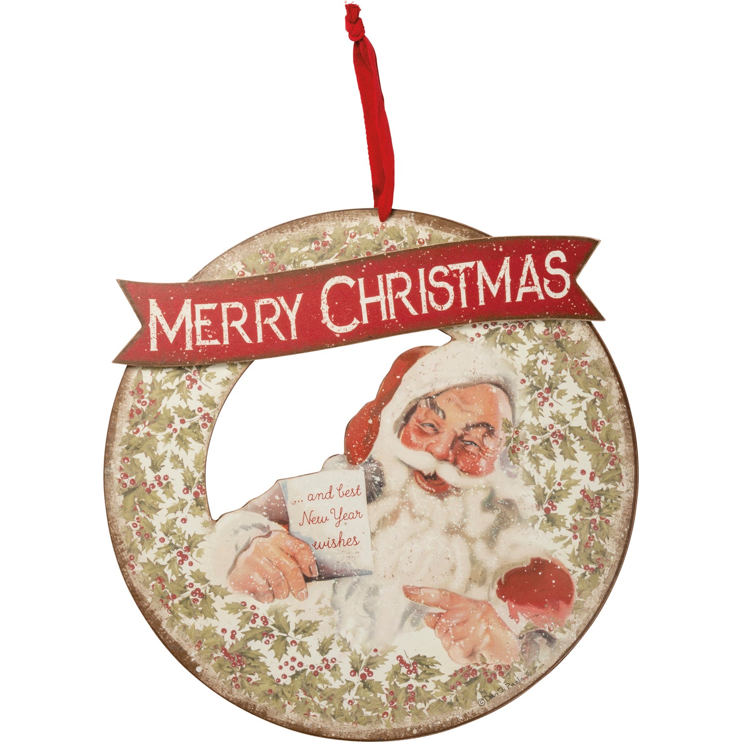 Die Cut Vintage-Style Wooden Christmas Wreath Santa Christmas & New Year Wishes