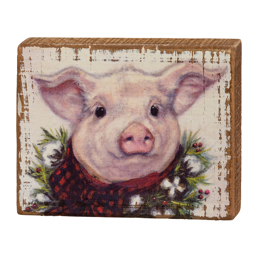 Christmas Pig in Buffalo Check Wooden Block Sign