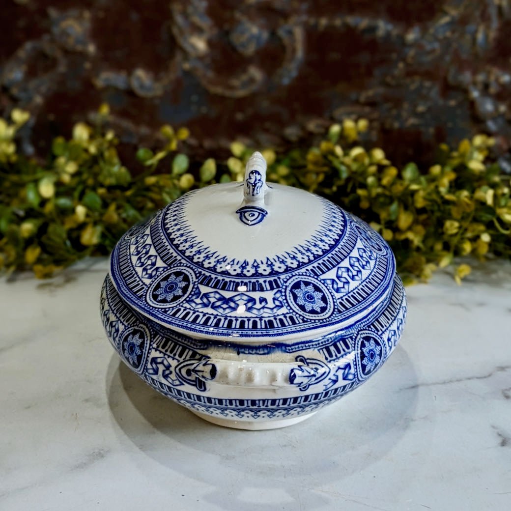 Antique English Blue & White Transferware Covered Serving Dish - Marmalade Mercantile