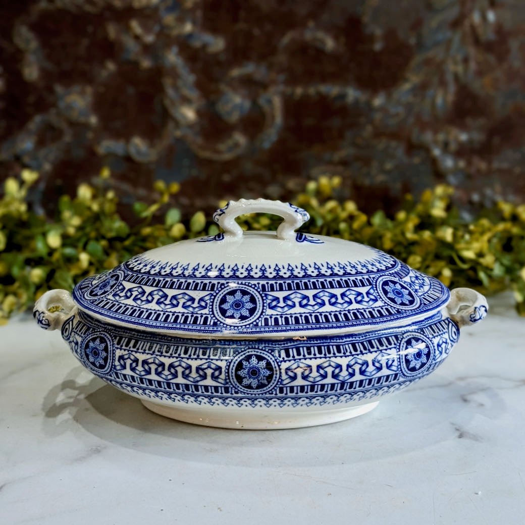 Antique English Blue & White Transferware Covered Serving Dish - Marmalade Mercantile