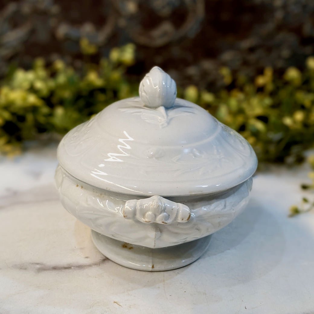 Antique English Ironstone Covered Serving Dish with Flower Bud Finial Clementson - Marmalade Mercantile