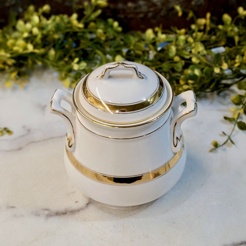 Antique German Porcelain Sugar Jar with Lid & Gold Gilt Paint - Marmalade Mercantile