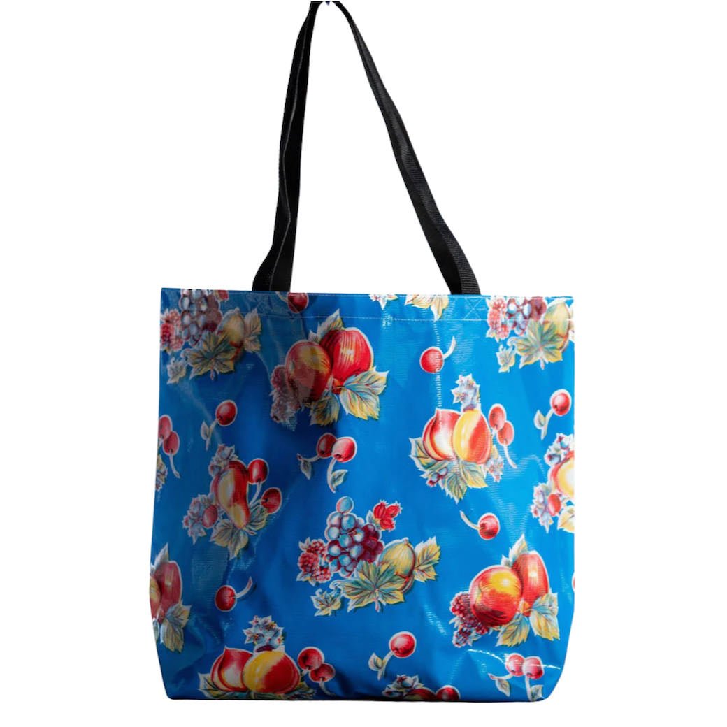 Apples & Pears on Blue Oilcloth Large Market Tote - Marmalade Mercantile