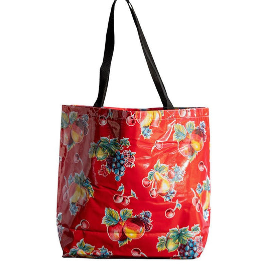 Apples & Pears on RED Oilcloth Market Tote - Marmalade Mercantile
