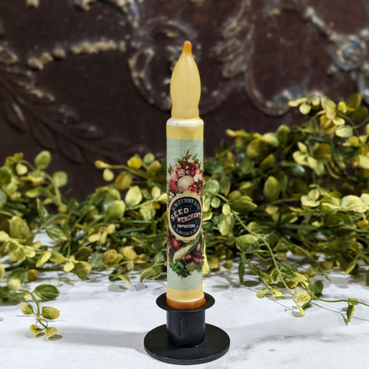 Battery Operated LED Taper Candle Vintage-Style Seed Merchants seed Packet - Marmalade Mercantile