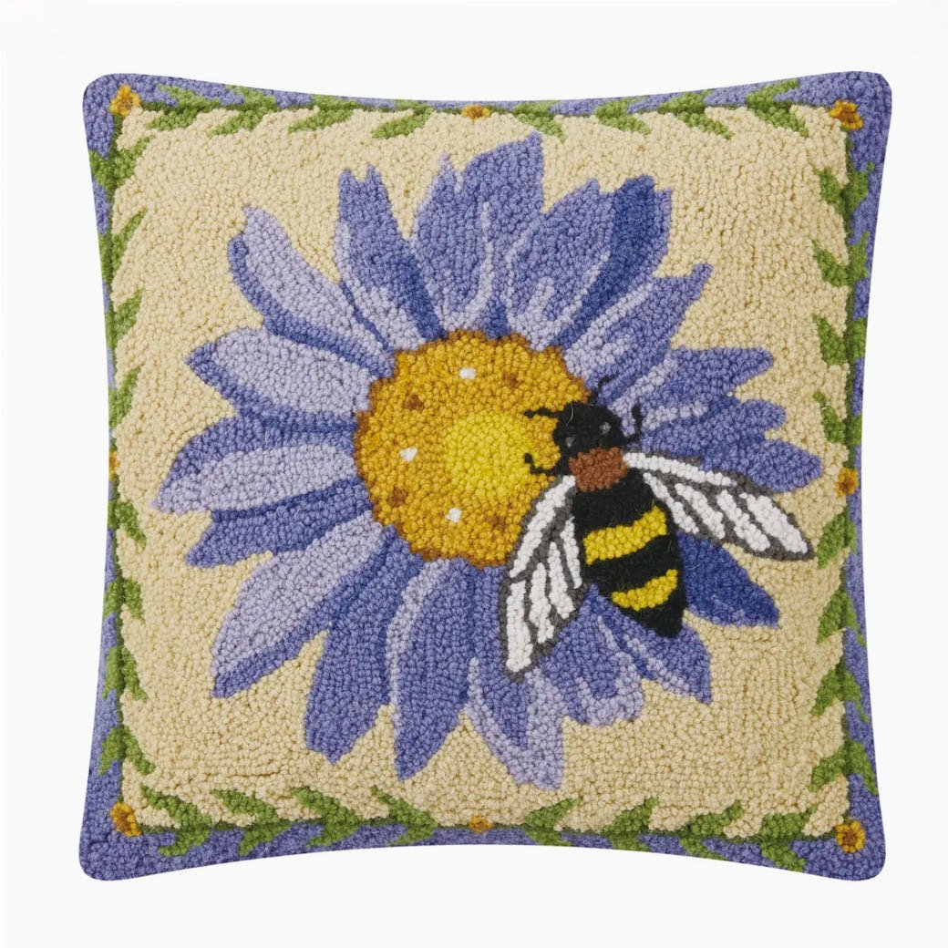 Beehavin’ Purple Asters & Honey Bee Hooked Rug Pillow - Marmalade Mercantile