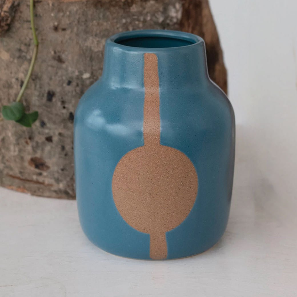 Blue Stoneware Vase with Abstract Circle Design - Marmalade Mercantile