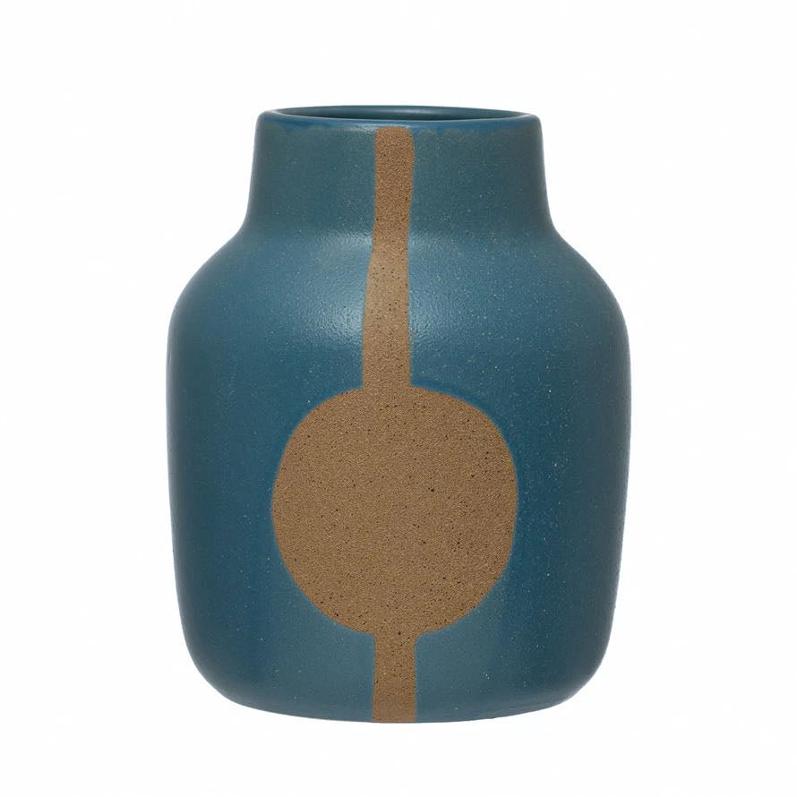 Blue Stoneware Vase with Abstract Circle Design - Marmalade Mercantile