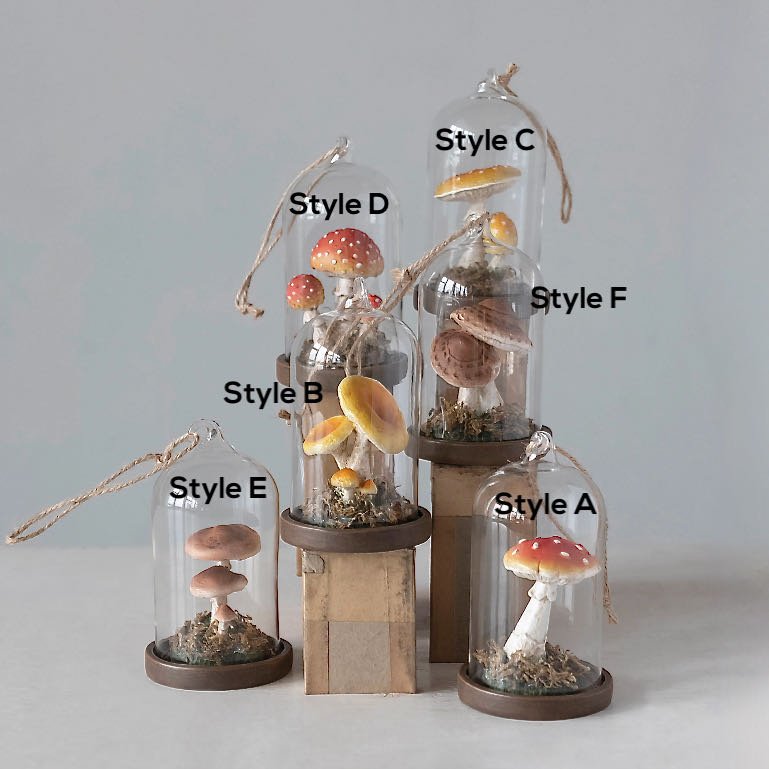 Cast Resin Woodland Mushroom Christmas Ornament in Glass Cloche - Marmalade Mercantile