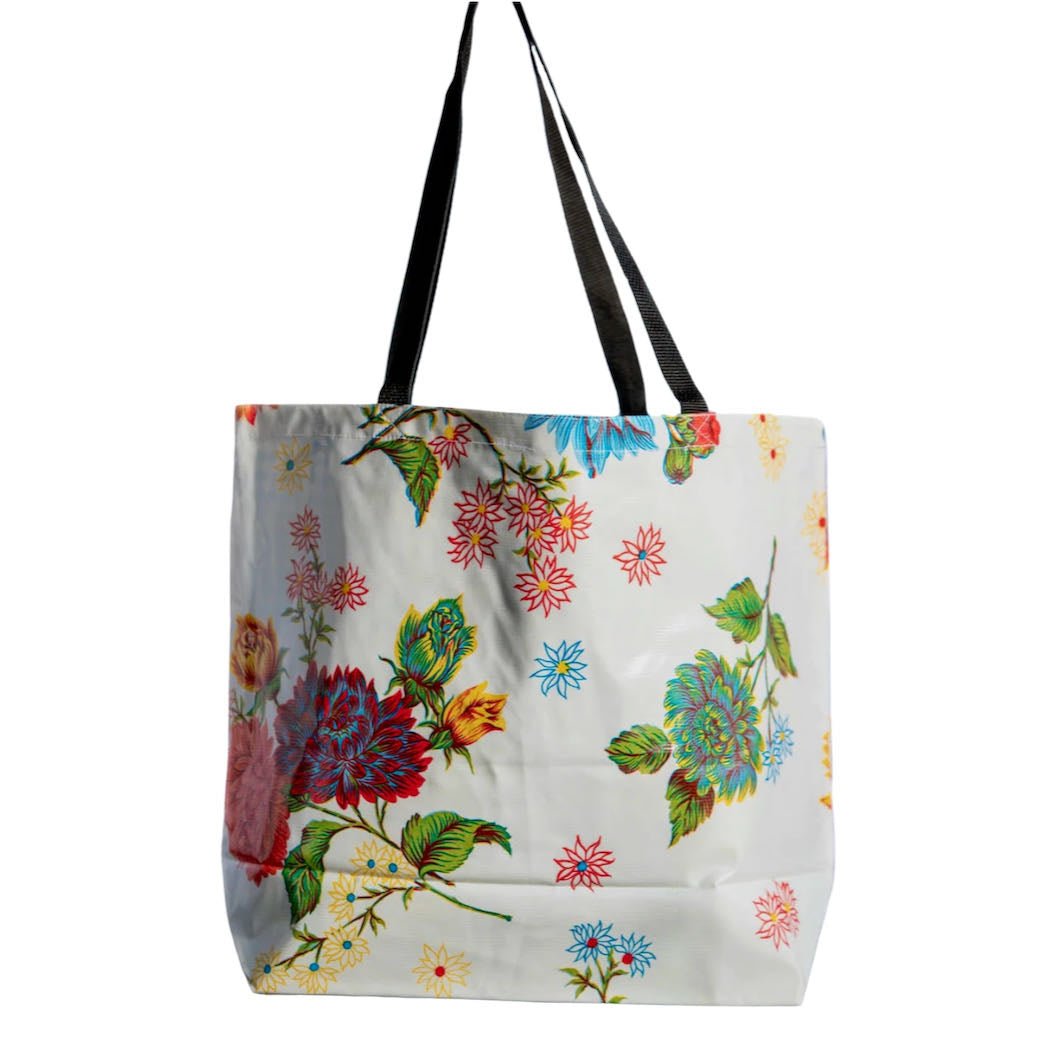 Colorful Mums on White Oilcloth Large Market Tote - Marmalade Mercantile
