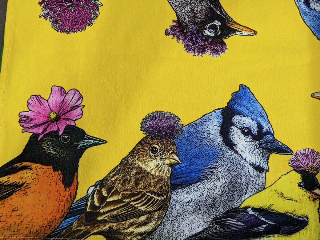Cotton Table Runner Backyard Birds in Flower Hats - Marmalade Mercantile