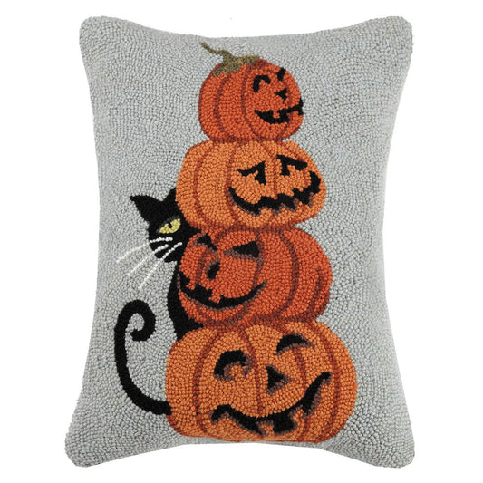 Large Hooked Rug Halloween Pillow Black Cat with Pumpkins - A