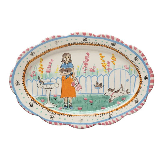 Decorative Ceramic Platter with Lady in Garden - Marmalade Mercantile