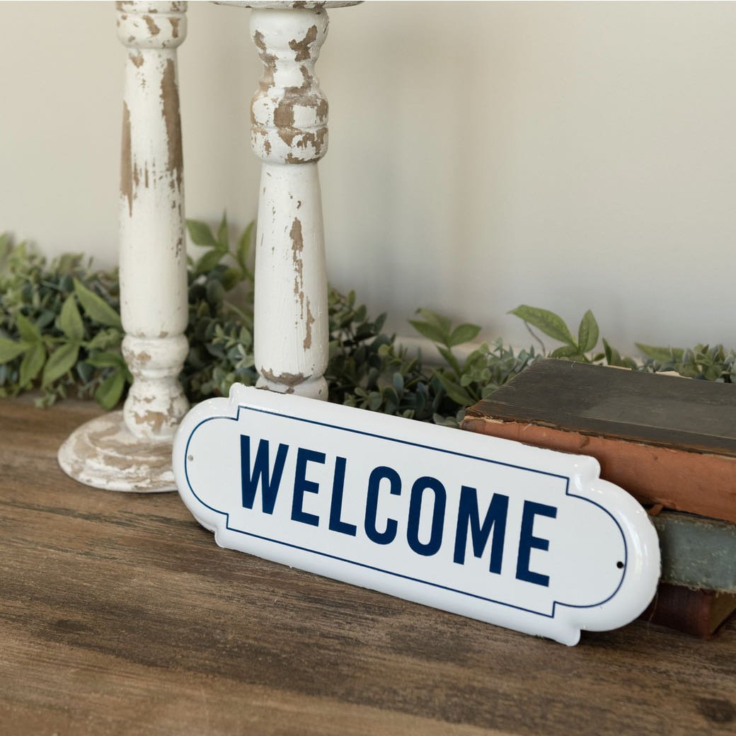 Enameled Welcome Plaque White w/ Navy Blue Lettering - Marmalade Mercantile